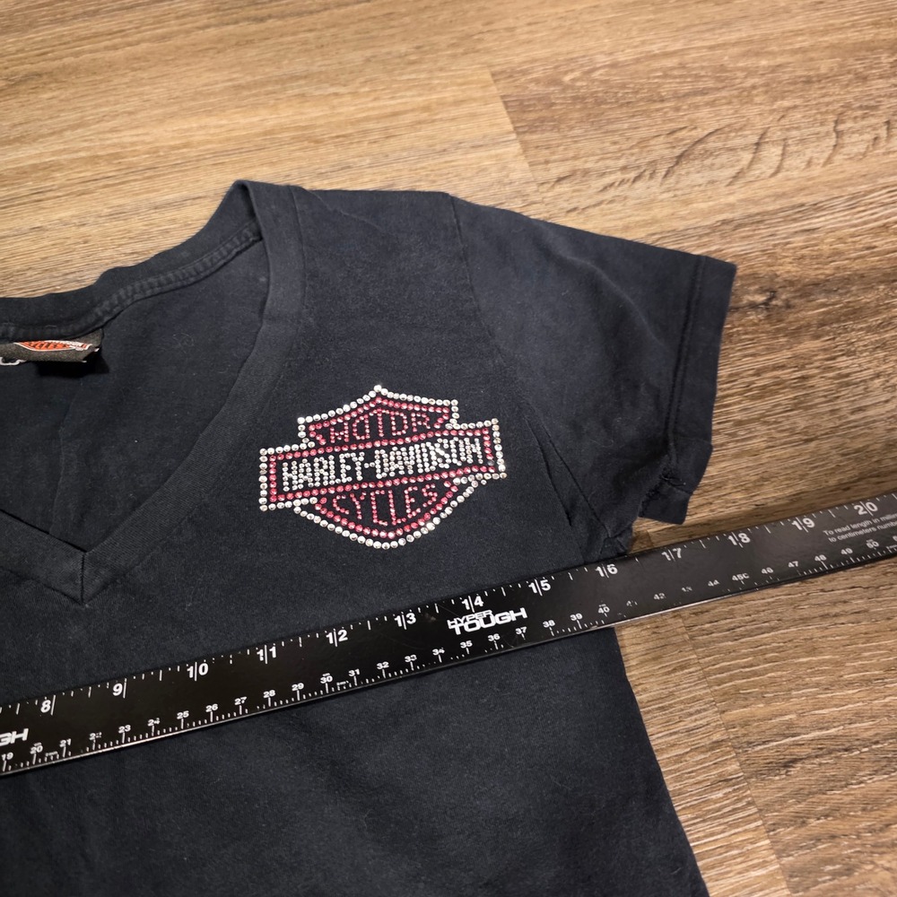 Harley-Davidson Womens S V-Neck T-Shirt Black Rhinestone Logo Springfield IL 652 - Picture 3 of 6